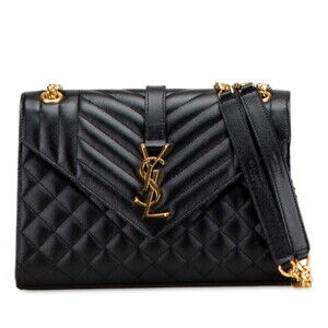 Saint Laurent YSL Logo Envelope Chain Shoulder Bag Black Gold Leather
